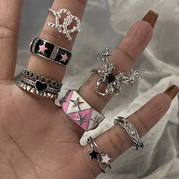 DAIIIBABYYY  -  Pink Acrylic Butterfly Knuckle Ring Set For Women Crystal Enamel Flower Rings Girls Fashion Jewelry